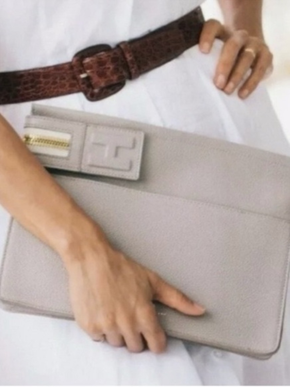 India Hicks The Big Zipper Clutch Taupe Leather Gold Hardware